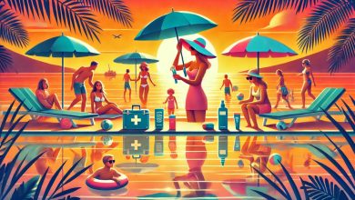 batch DALL·E 2025 01 04 11.20.28 A vibrant summer beach scene at sunset showing people enjoying the sun safely. There are individuals applying sunscreen wearing wide brimmed hats s