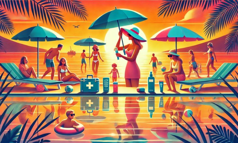 batch DALL·E 2025 01 04 11.20.28 A vibrant summer beach scene at sunset showing people enjoying the sun safely. There are individuals applying sunscreen wearing wide brimmed hats s