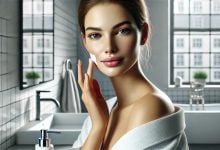 batch DALL·E 2025 01 17 10.30.57 A realistic professional photograph of a woman applying cream to her face in a bright and modern bathroom setting. The woman has a serene expression