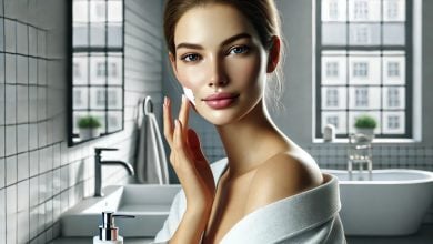 batch DALL·E 2025 01 17 10.30.57 A realistic professional photograph of a woman applying cream to her face in a bright and modern bathroom setting. The woman has a serene expression