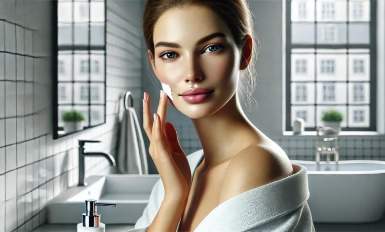 batch DALL·E 2025 01 17 10.30.57 A realistic professional photograph of a woman applying cream to her face in a bright and modern bathroom setting. The woman has a serene expression