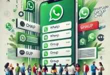 Pessoas interagindo com uma tela de smartphone exibindo grupos de WhatsApp com nomes criativos, em um fundo com elementos verdes e brancos.