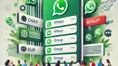 Pessoas interagindo com uma tela de smartphone exibindo grupos de WhatsApp com nomes criativos, em um fundo com elementos verdes e brancos.