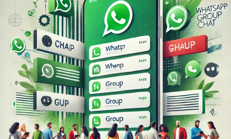 Pessoas interagindo com uma tela de smartphone exibindo grupos de WhatsApp com nomes criativos, em um fundo com elementos verdes e brancos.