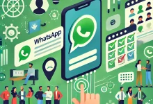 Imagem com elementos representando grupos de WhatsApp, incluindo um smartphone com ícones de chat, pessoas conectadas e símbolos de organização.