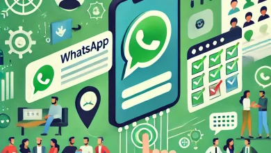 Imagem com elementos representando grupos de WhatsApp, incluindo um smartphone com ícones de chat, pessoas conectadas e símbolos de organização.