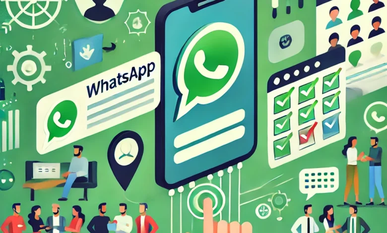 Imagem com elementos representando grupos de WhatsApp, incluindo um smartphone com ícones de chat, pessoas conectadas e símbolos de organização.