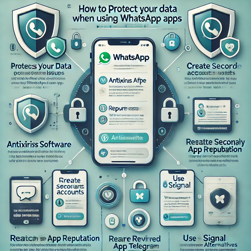 Infográfico mostrando como proteger seus dados ao usar WhatsApp modificado, com ícones de segurança, antivírus, e alternativas confiáveis como Signal e Telegram.