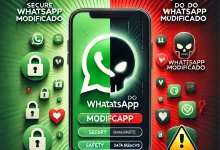 Imagem destacada mostrando os riscos do WhatsApp modificado, com contraste entre segurança (ícones verdes) e ameaças (ícones vermelhos e símbolos de malware).