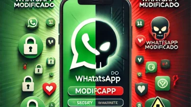 Imagem destacada mostrando os riscos do WhatsApp modificado, com contraste entre segurança (ícones verdes) e ameaças (ícones vermelhos e símbolos de malware).