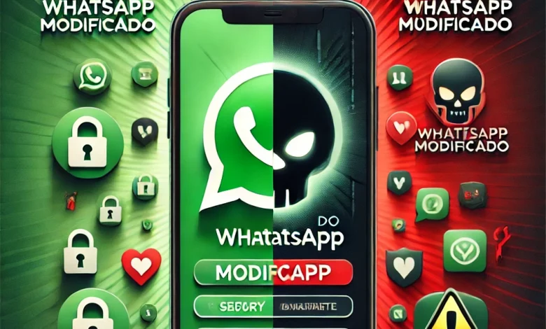 Imagem destacada mostrando os riscos do WhatsApp modificado, com contraste entre segurança (ícones verdes) e ameaças (ícones vermelhos e símbolos de malware).