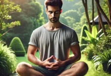 Homem sentado em posição de meditação, com os olhos fechados, praticando um exercício de respiração profunda ao ar livre, cercado por natureza, simbolizando relaxamento e alívio da ansiedade.