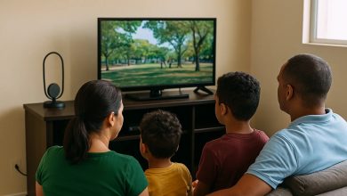 Família assistindo à TV de qualidade em casa, desfrutando do sinal digital de TV aberta