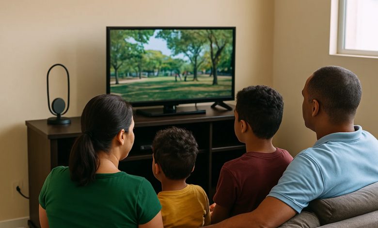 Família assistindo à TV de qualidade em casa, desfrutando do sinal digital de TV aberta