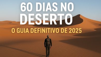 “60 Dias no Deserto: O Guia Definitivo de 2025” com participante caminhando em dunas douradas, representando disciplina e autoconhecimento.