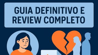 Design de capa moderna representando “Afastamento Emocional: Guia Definitivo e Review Completo”, com ilustração de mulher triste, coração partido e ícones minimalistas de conexão afetiva em tons de azul, laranja e branco.