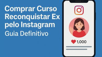 Banner promocional do curso “Comprar Curso Reconquistar Ex pelo Instagram” mostrando um smartphone com ícones de engajamento e chamada para ação