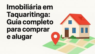 Ilustração: casa com marcador de localização em mapa — Imobiliária em Taquaritinga (guia para comprar e alugar)