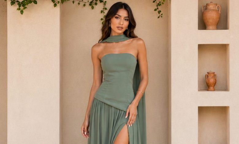Modelo usa vestido longo rosa tomara que caia com capa drapeada da Ferreira Boutique em Maceió